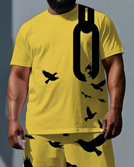 Men's Simple Punk Style Bird and Chain Print Big & Tall Casual Short-Sleeve T-shirt 2-Piece Set