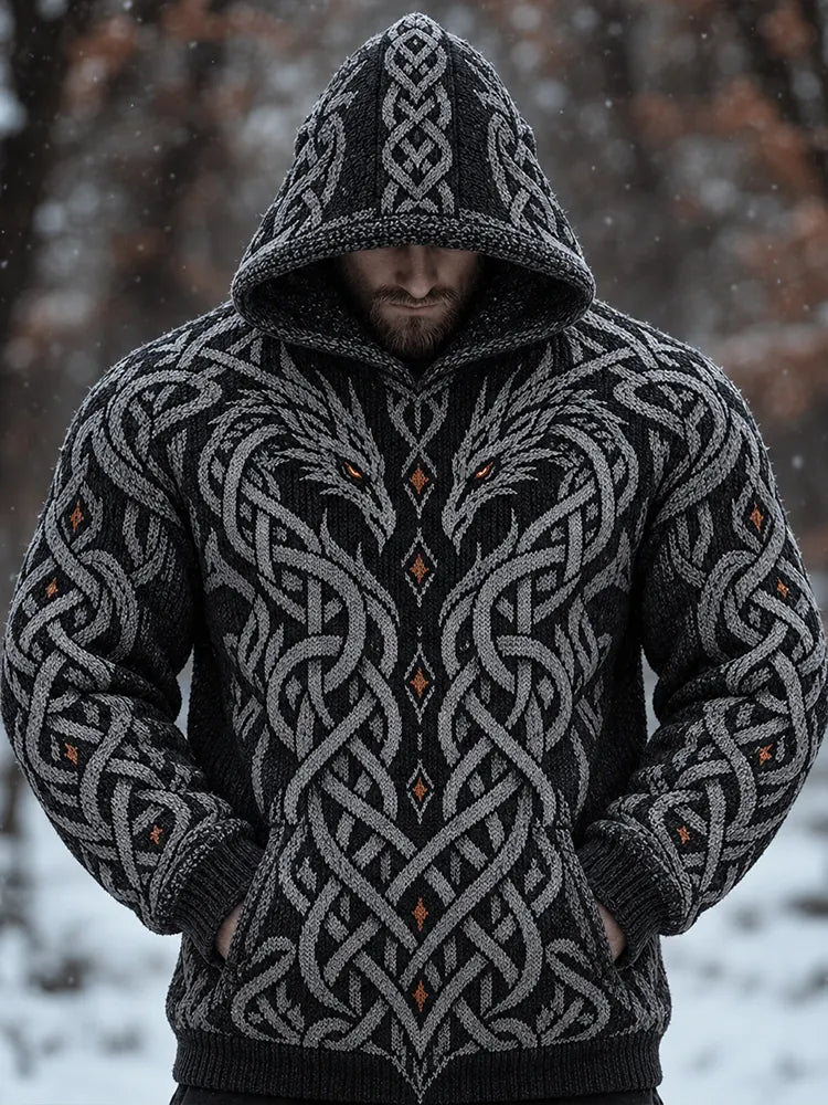Men's Dark Grey Celtic Dragon Knotwork Hooded Knit Sweater