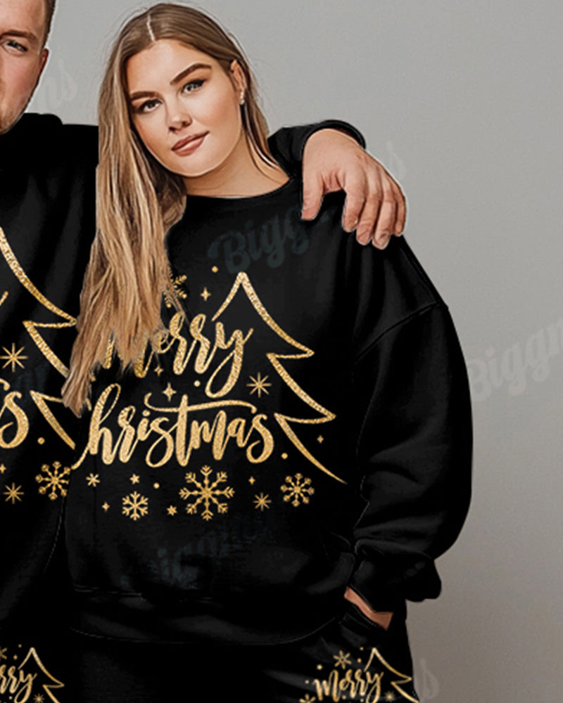 Couple Big and Tall Merry Christmas Letter Black Printed Sweatshirt Set