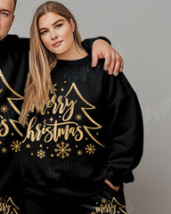 Couple Big and Tall Merry Christmas Letter Black Printed Sweatshirt Set