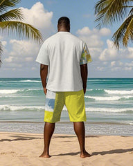 Big & Tall Men's Hawaiian Teal Striped Alphabet Print Round Neck Short Sleeve T-Shirt Shorts Suit