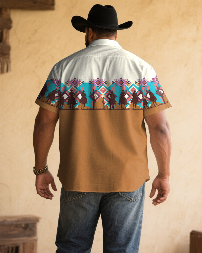 Men's Plus Size Retro Western Denim Pattern Patchwork Printed Short Sleeve Shirt