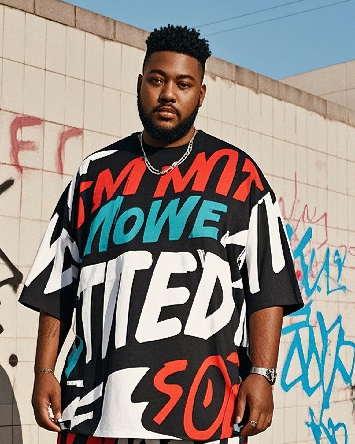 Plus Size Men's Creative Graffiti Personalized English Printed T-Shirt Shorts Suit