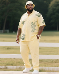 Big Boy Daily Casual Light Yellow Simple Flower Short Sleeve Shirt Trousers Suit