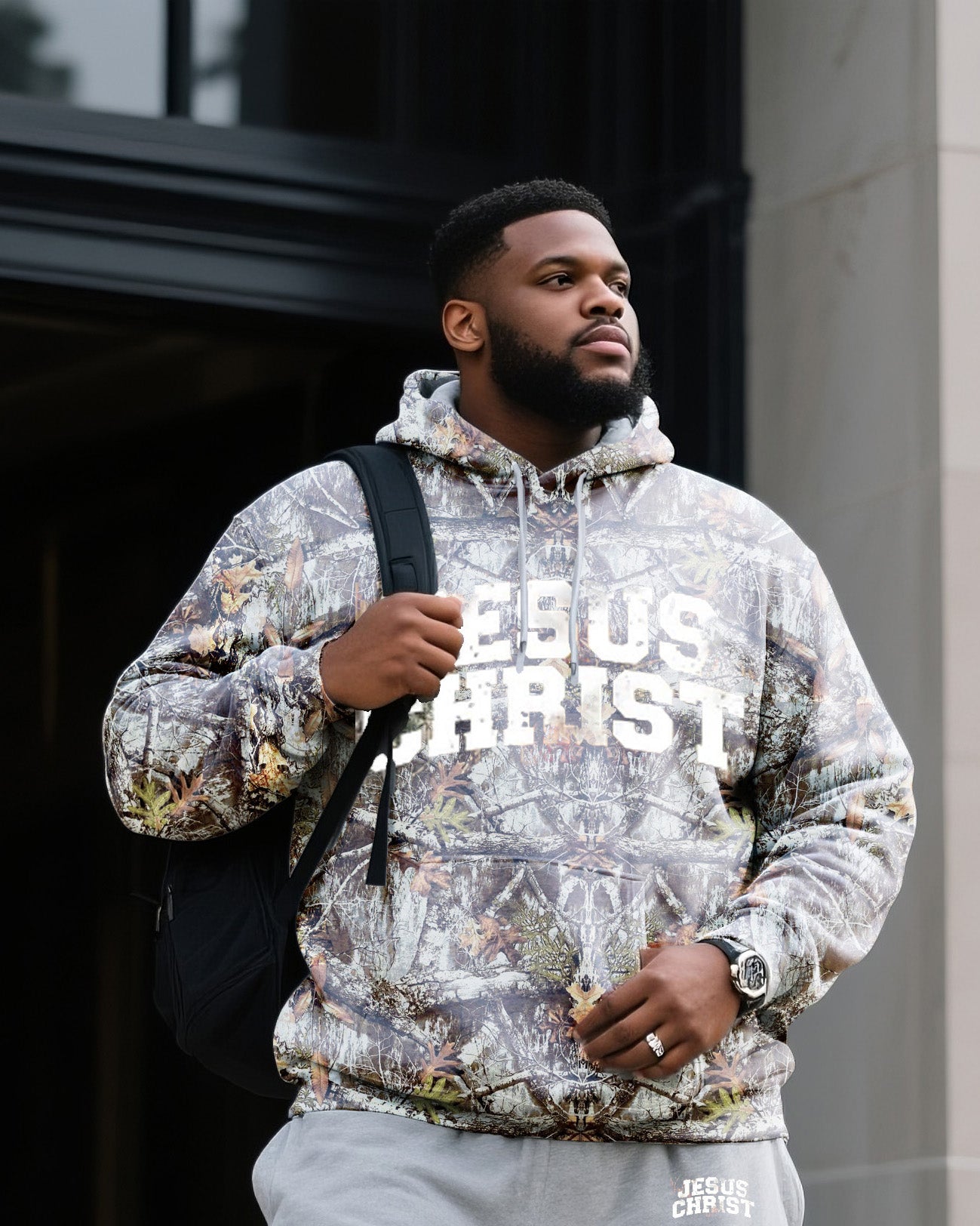 Big & Tall Men's Daily Leisure. Original Design Academy Style JESUS CHRIST Camouflage. Camouflage Hoodie Shorts Suit