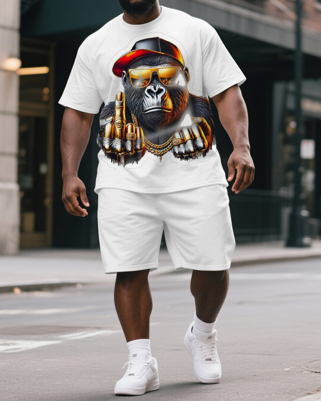 Big & Tall Men's Fashion Metal Cool Sunglass Gorillas Print Short-Sleeved T-shirt and Short Set