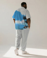Big & Tall Men's Hawaii Blue Sky Clouds Coconut Tree Print Short Sleeve Shirt Pants Suit