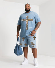 Big Shit Fashion Street Faith Cross Print Short Sleeve Shorts Denim Suit