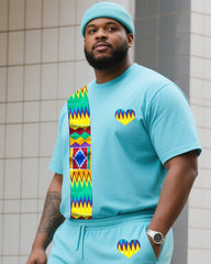 Men's Plus Size Tiffany Blue Creative Stripe Print T-Shirt Shorts Suit