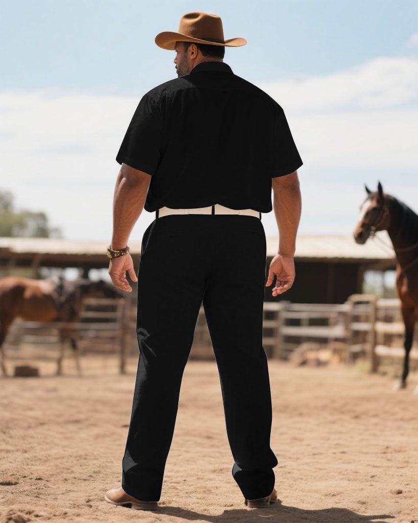 Western Denim-Men's Plus Size Simple Black Short Sleeve Shirt Pants Suit