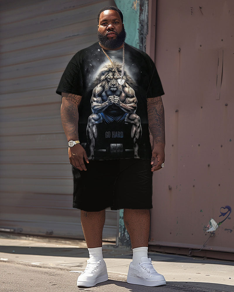 Men's Plus Size Strong Lion Print Short Sleeve T-Shirt and Shorts Set