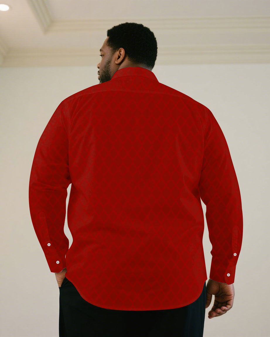 Big & Tall Men's Business Green & Khaki & Black & Red Jacquard Long Sleeve Shirt