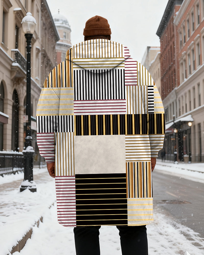 Big & Tall Men's Vintage Geometric Yellow Printed Velvet Thickened Long Hooded Coat