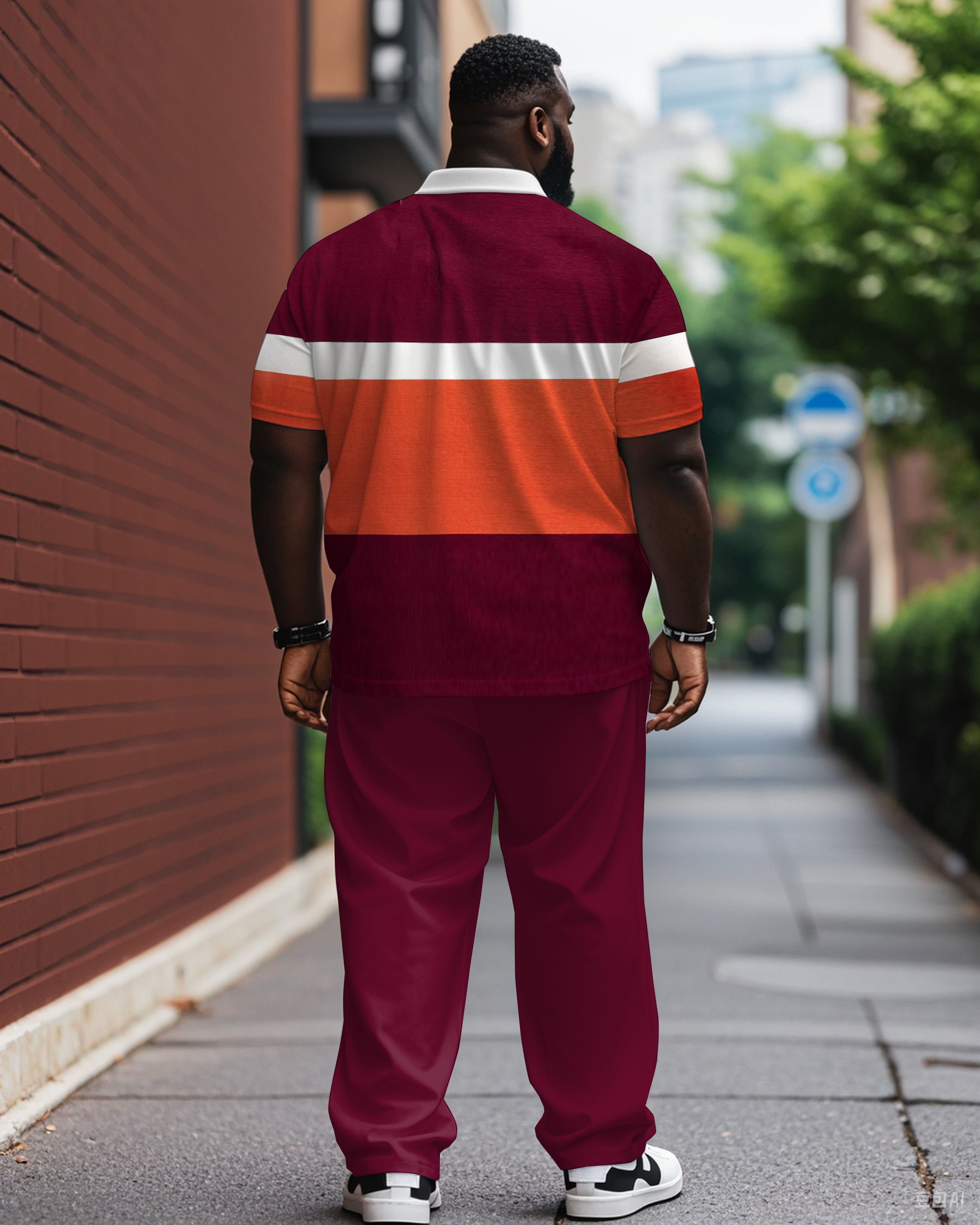 Red Colorblock Chest Logo Jacquard Casual Polo Shirt Trousers Suit Men's Plus Size