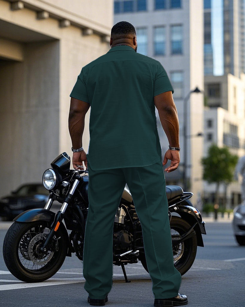 Men's Plus Size Business Aristocratic Dark Green Short-sleeved Shirt Trousers Suit