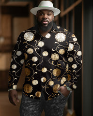 Plus Size Men's Casual Champagne Flower Pattern Printing Lapel Long Sleeve Shirt