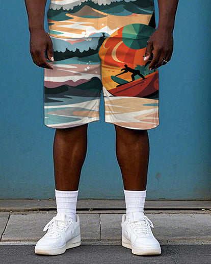 Big Men's Romantic Hawaiian Seaside Scenery Printed Cuban Collar Short Sleeve Shirt Shorts Set