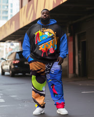 Men's Plus Size Casual Tracksuit Graffiti Color Block Hoodie Pants Set