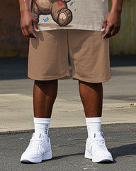 Big Men's Hip Hop Cute Cartoon Bear Printed Casual Short Sleeve T-shirt Shorts Set