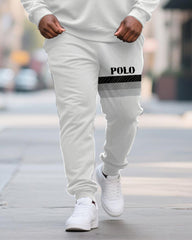 Big & Tall Men's Black And Gray Contrast Printed POLO Collar Zipper Long Sleeve Pants Two-piece Set