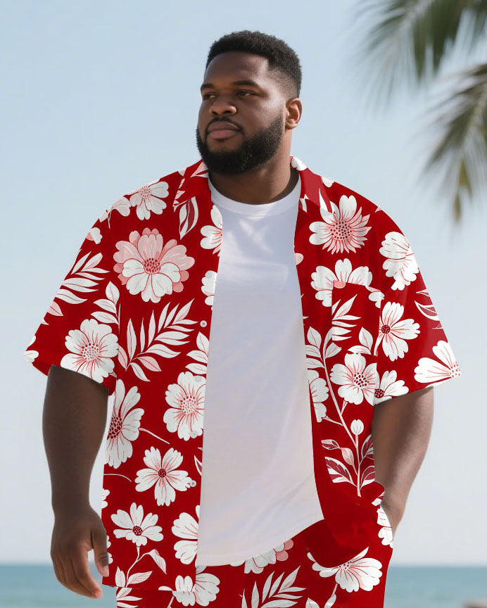 Big Men's Elegant Flower Plant Hawaiian Theme 2-Piece Short Sleeve Shirt Shorts Suit