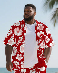Big Men's Elegant Flower Plant Hawaiian Theme 2-Piece Short Sleeve Shirt Shorts Suit