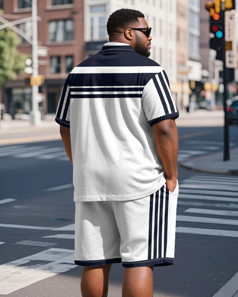 Men's Plus Size Business Blue Stripe Print Short Sleeve Polo Shirt Shorts Suit