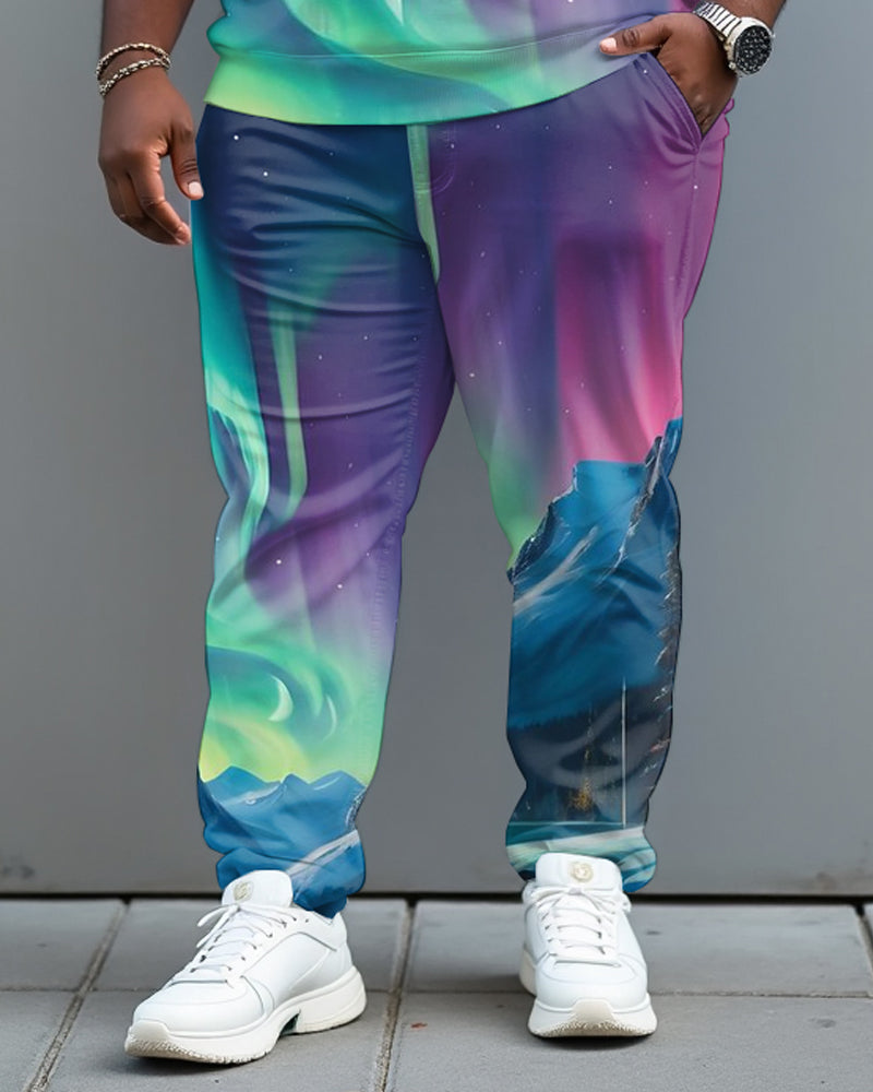 Men's Plus Size Aurora Borealis Long Sleeve Polo Shirt and Pants Set
