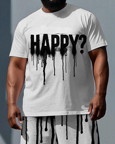 Big & Tall Men's Dark Punk Style Ink HAPPY Lettering Casual Short-Sleeve T-shirt Shorts Set