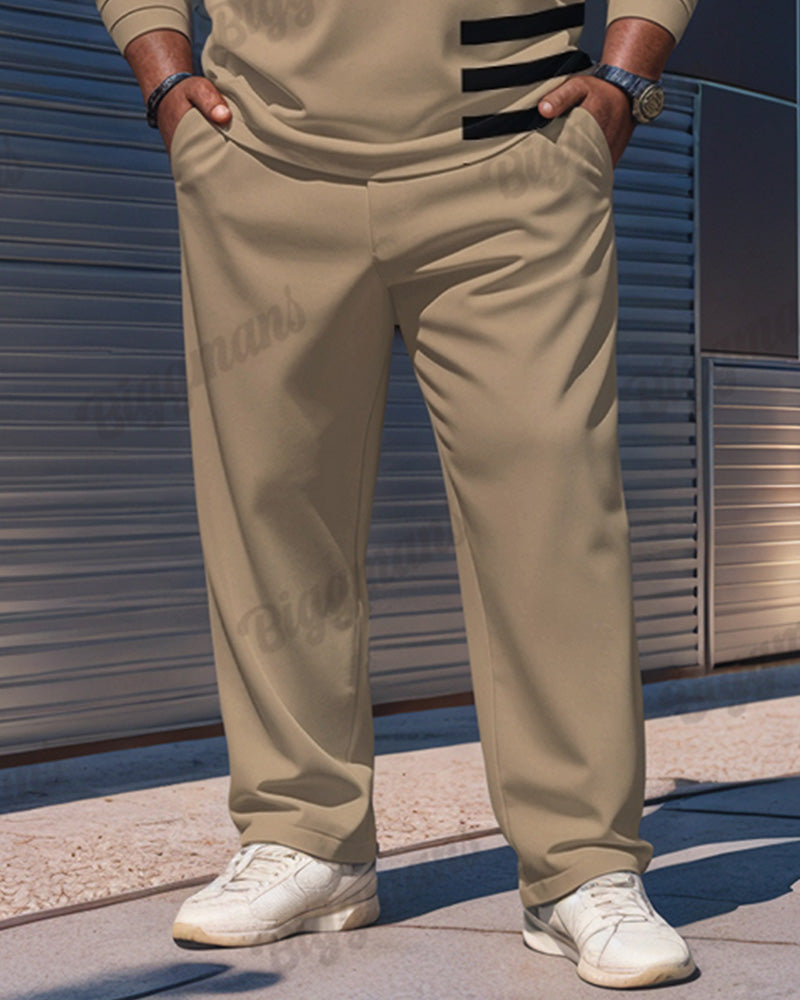 Big Guy's Simple Khaki Striped Alphabet Print Polo Shirt Zipper Pants Set
