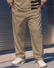 Big Guy's Simple Khaki Striped Alphabet Print Polo Shirt Zipper Pants Set