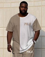 Men's Big & Tall Casual Khaki & White Colorblock Short-sleeved T-shirt Trousers Set