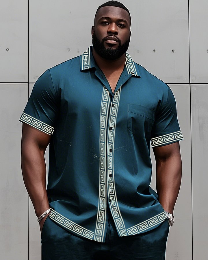 Big Man's Retro Daily Casual Edge Color Block Printing Short Sleeve Shirt Shorts Suit