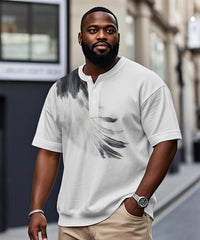 Men's Plus Size Daily Casual Abstract Feather Print Henry Collar Button Short Sleeve T-Shirt