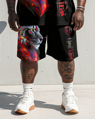 Men's Plus Size Street Red Lion Letter Print Short Sleeve T-Shirt Shorts Suit