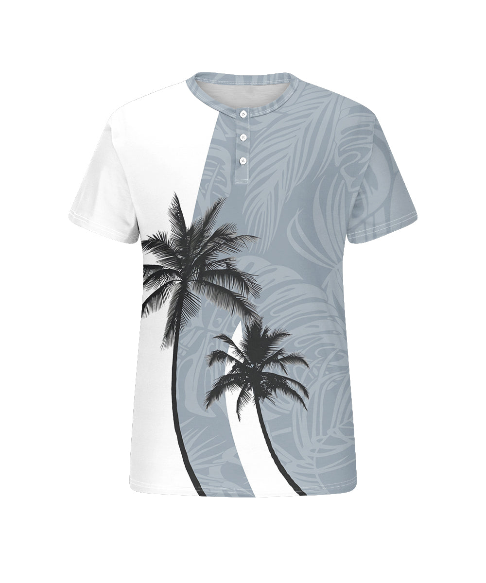 Men's Plus Size Daily Casual White Colorblock Coconut Tree Print Henry Collar Button Short Sleeve T-Shirt