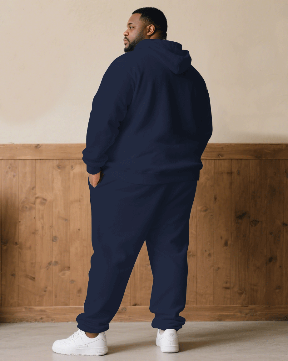 Big & Tall Men Fall/Winter All-match Royal Blue & White Slogan Printed Hoodie Suit