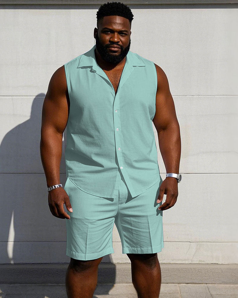 Men's Plus Size Sleeveless Vest Shirt Shorts Suit-Solid 10 Color Choice