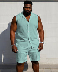 Men's Plus Size Sleeveless Vest Shirt Shorts Suit-Solid 10 Color Choice