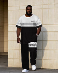 Men's Plus Size Casual Black & White & Grey Color-block Simple Small Label Printed Short-sleeved T-shirt Trousers Suit