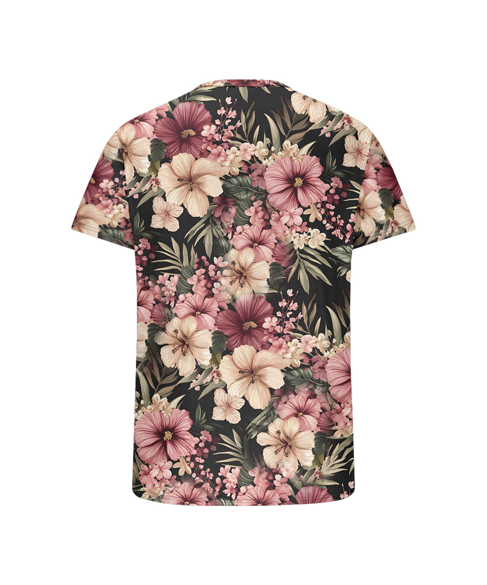 Men's Plus Size Pink Gesang Flower Print Henry Collar Button Short Sleeve T-Shirt