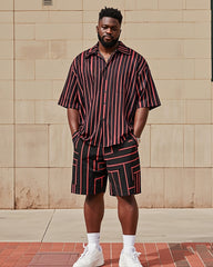 Big Men's Fashion Red Black Striped Color Block Printing Short Sleeve Shirt Shorts Suit
