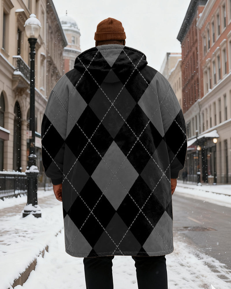 Big & Tall Men's Classic Black Diamond Plaid Printed Velvet Thickened Long Hooded Coat