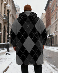 Big & Tall Men's Classic Black Diamond Plaid Printed Velvet Thickened Long Hooded Coat