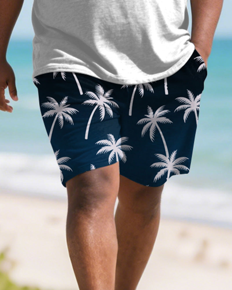 Men's Plus Size Blue Coconut Print Round Neck Short Sleeve T-Shirt Shorts Suit