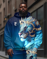 Big Men's Street Fashion Blue Lion K Letter Print Hoodie Set