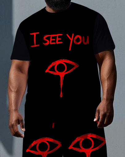 Men's Big & Tall Punk Style I SEE YOU Simple Eye Print Casual Short-Sleeve T-shirt Big & Tall Set