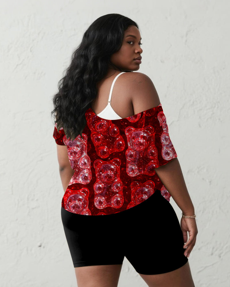 Women's Plus Size Daily Casual Graffiti Jelly Bear Print Short Sleeve Shorts Suit