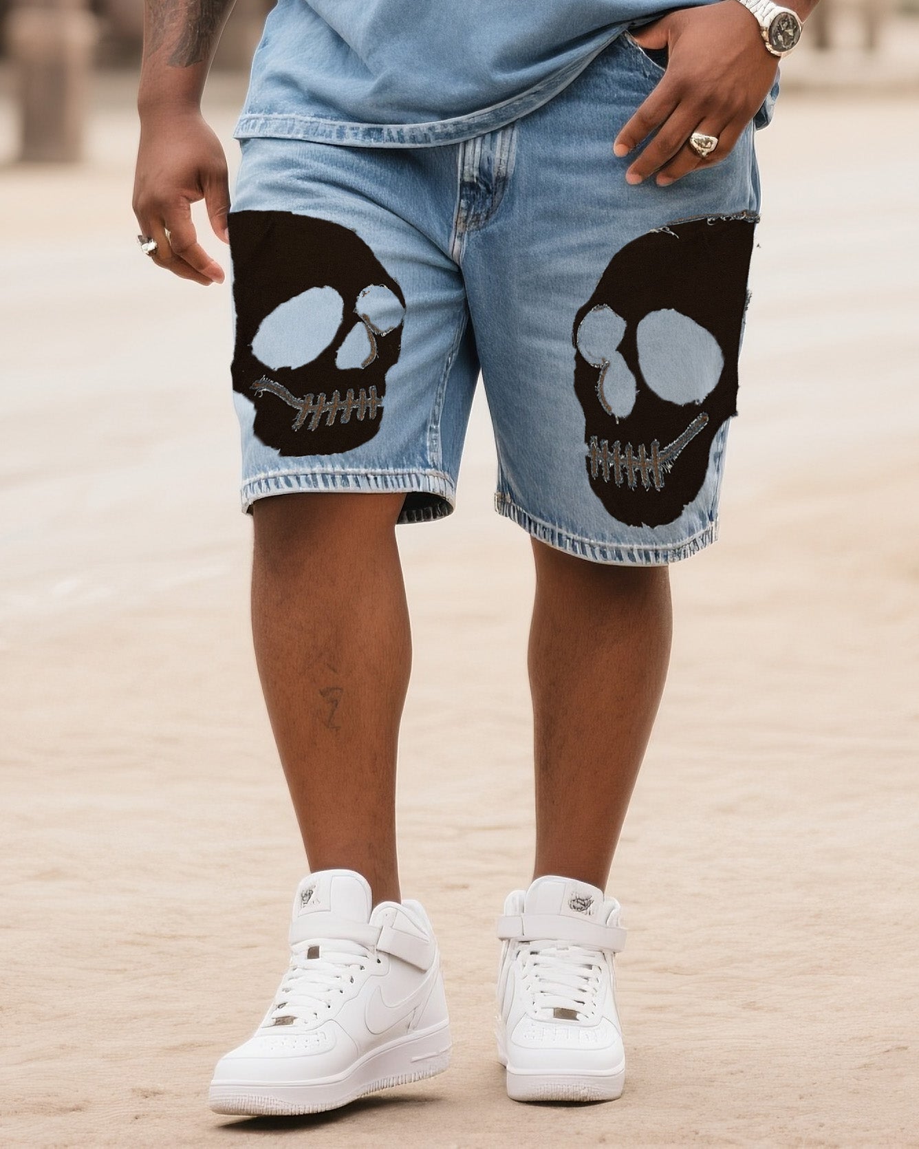 Big Shit Fashion Street Skull Battle Print Short Sleeve Shorts Denim Suit