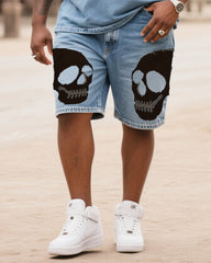 Big Shit Fashion Street Skull Battle Print Short Sleeve Shorts Denim Suit